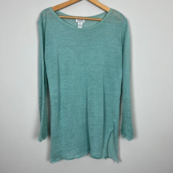 Citron Santa Monica Tunic Top Large Seafoam Green Knit Long Bell Sleeve Crochet‎ - Picture 1 of 13
